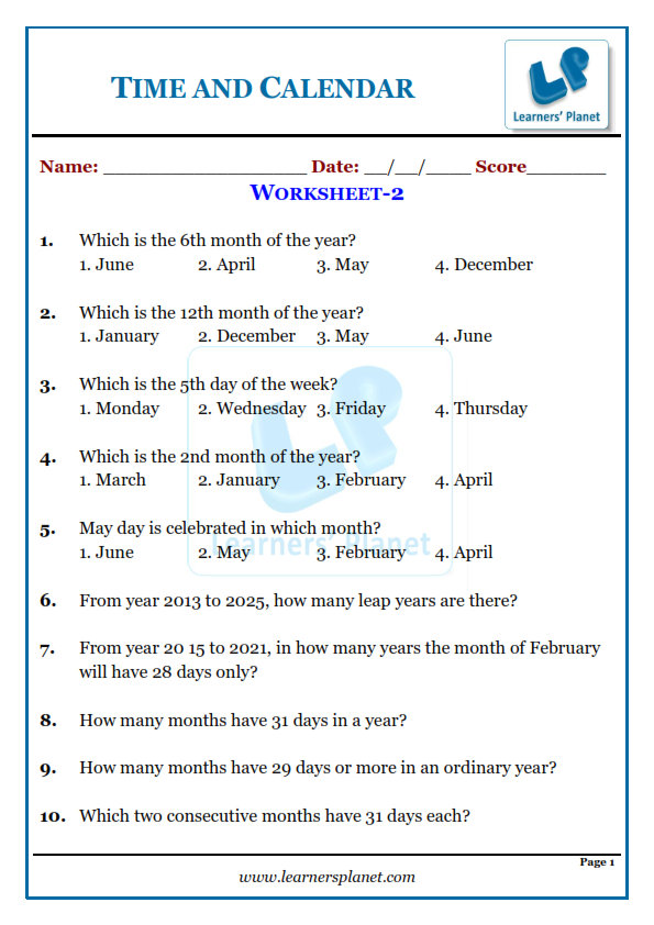 Math worksheets on clocks and calendar for 2nd grade